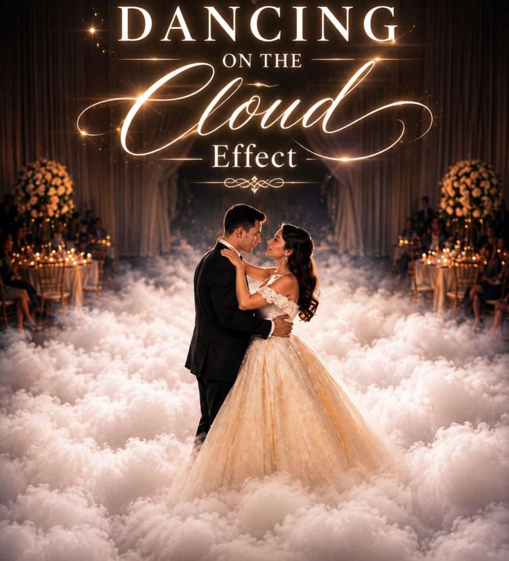 Bride and groom sharing their first dance on a low cloud of chilled fog covering the dance floor at a wedding reception. Call or text 812-431-8085.