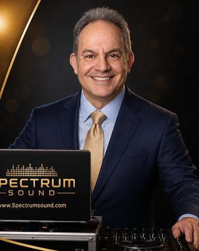 Terry Tunks, owner of Spectrum Sound, at his DJ setup. Call or text 812-431-8085.