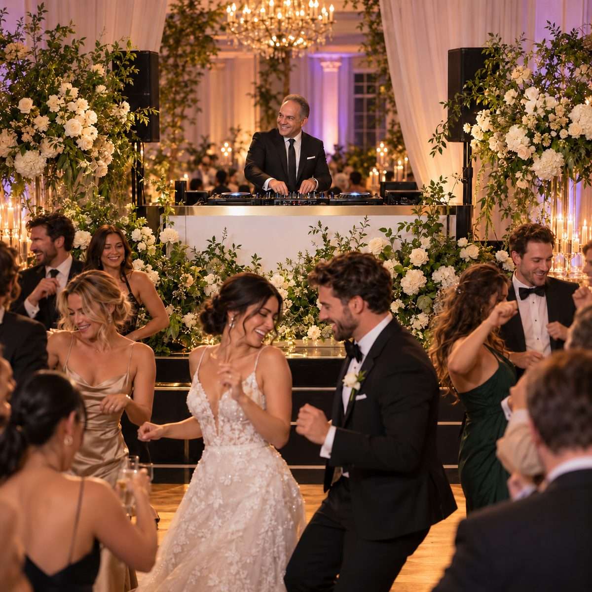 Wedding DJ booth framed in white florals and greenery with the bride, groom and guests dancing at a reception. Call or text 812-431-8085.